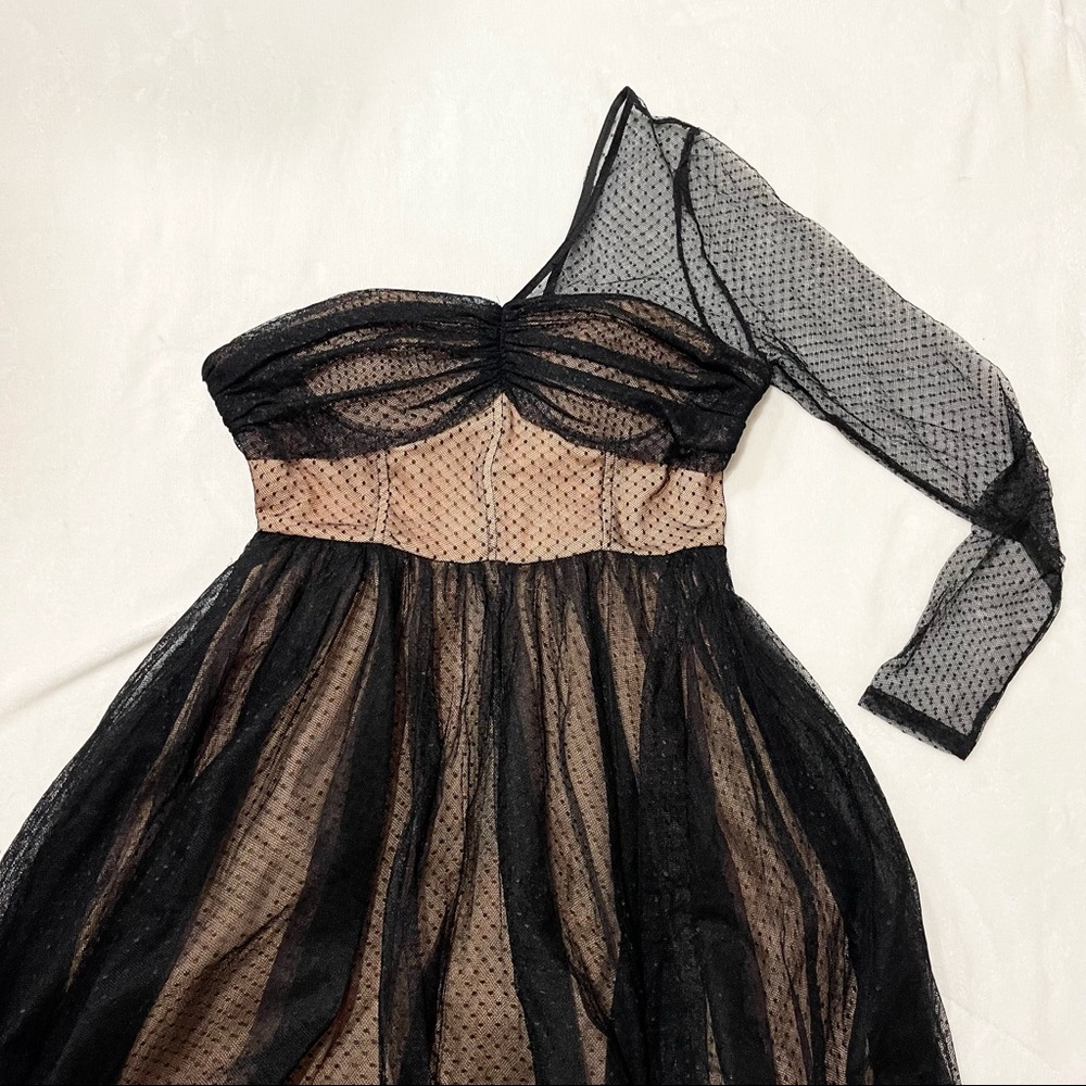 L'atiste one shoulder, mesh, black nude midi dress | size large